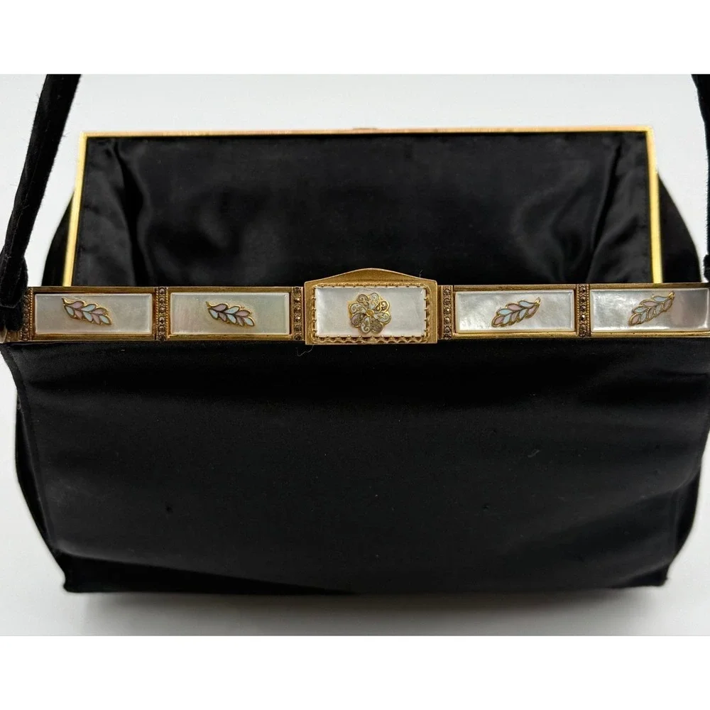VTG Koret Black Satin Evening Bag Mother of Pearl Enamel Frame Gold Tone Clutch